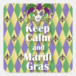 Jester Mask Behålla Lugn och Mardi Gras Fyrkantigt Klistermärke