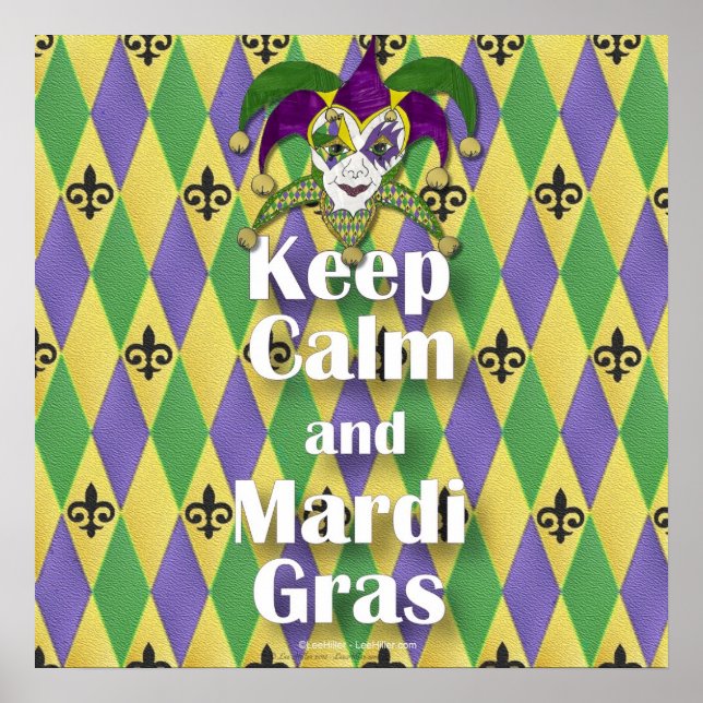 Jester Mask Behålla Lugn och Mardi Gras Poster (Framsidan)
