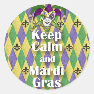Jester Mask Behålla Lugn och Mardi Gras Runt Klistermärke