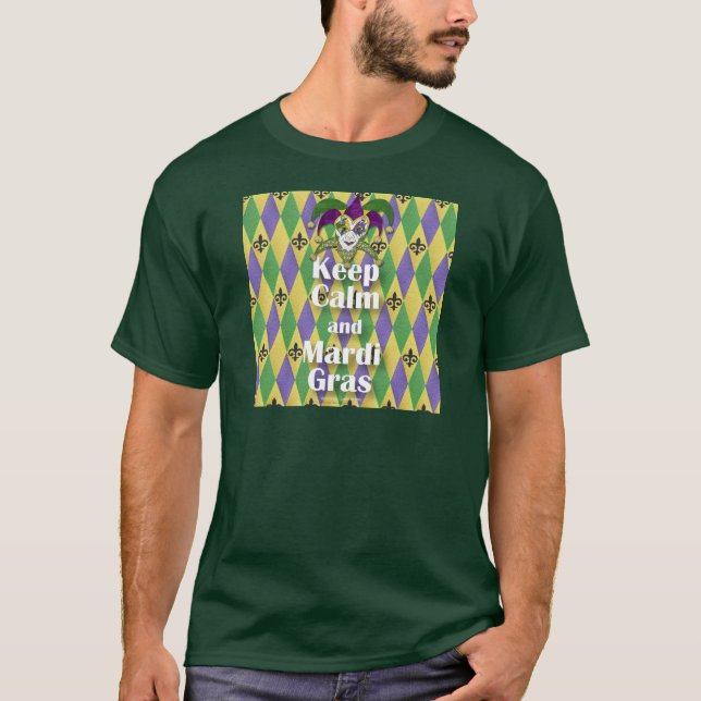 Jester Mask Behålla Lugn och Mardi Gras T-shirt (Framsida)