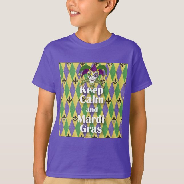 Jester Mask Behålla Lugn och Mardi Gras Tee (Framsida)