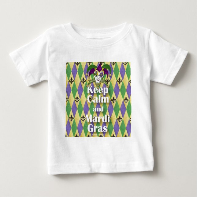 Jester Mask Behålla Lugn och Mardi Gras Tee Shirt (Framsida)
