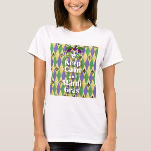 Jester Mask Behålla Lugn och Mardi Gras Tee Shirt
