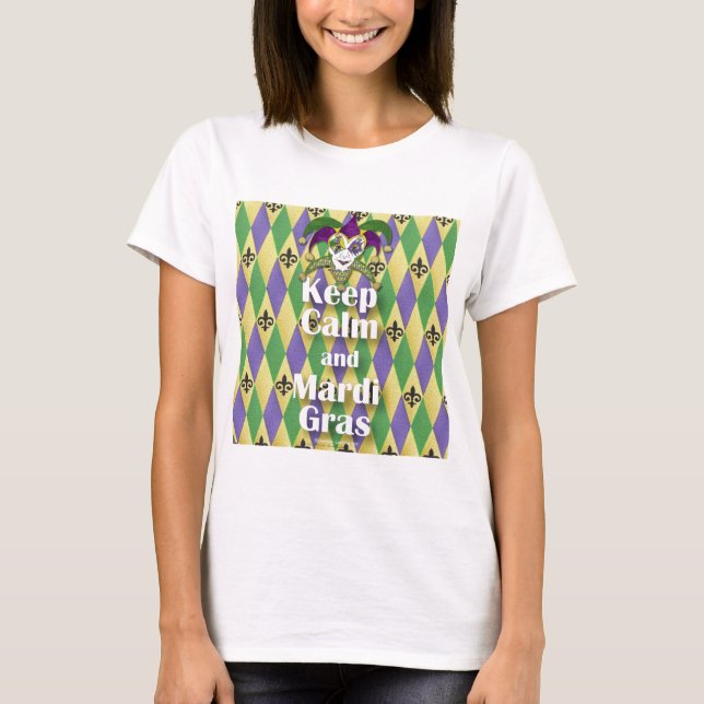 Jester Mask Behålla Lugn och Mardi Gras Tee Shirt (Framsida)