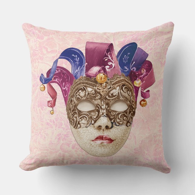 Jester Porcelain Mask med Rosett band och Klockor Kudde (Framsida)