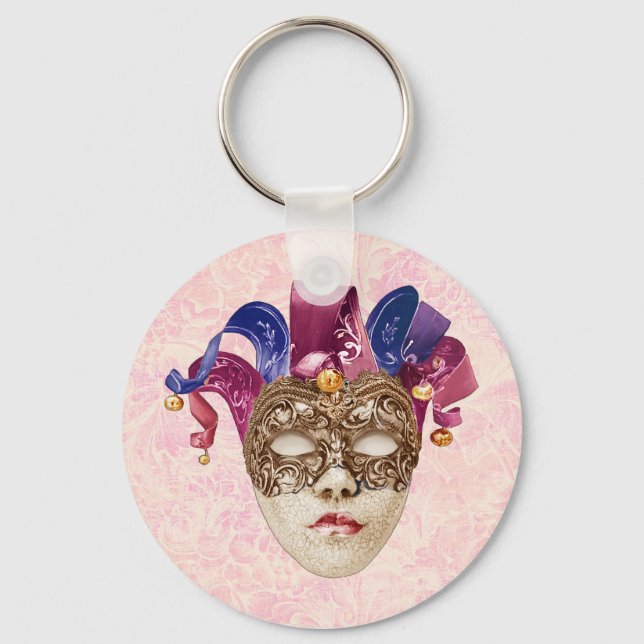 Jester Porcelain Mask med Rosett band och Klockor Nyckelring (Framsida)