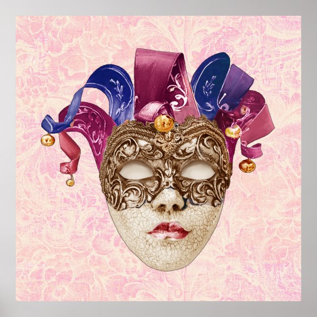 Jester Porcelain Mask med Rosett band och Klockor Poster (Framsidan)