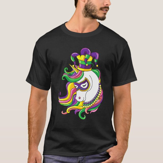 Jester Rainbow Unicorn Mardi Gras Mask Costume T Shirt (Framsida)