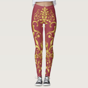 Jester Red med Guld Damask Pattern Athletic Leggings