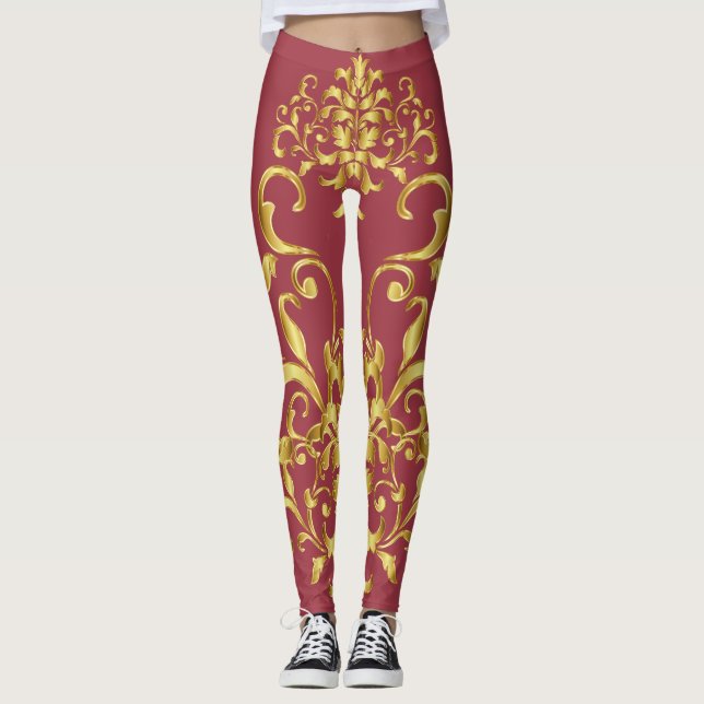 Jester Red med Guld Damask Pattern Athletic Leggings (Framsida)