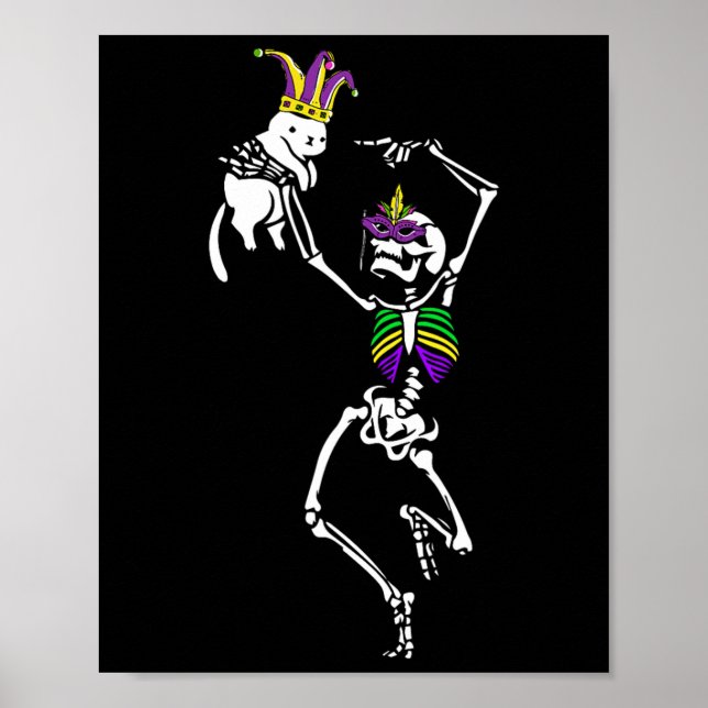 Jester Skeleton Dancing Cat Mardi Gras Mask Carniv Poster (Framsidan)