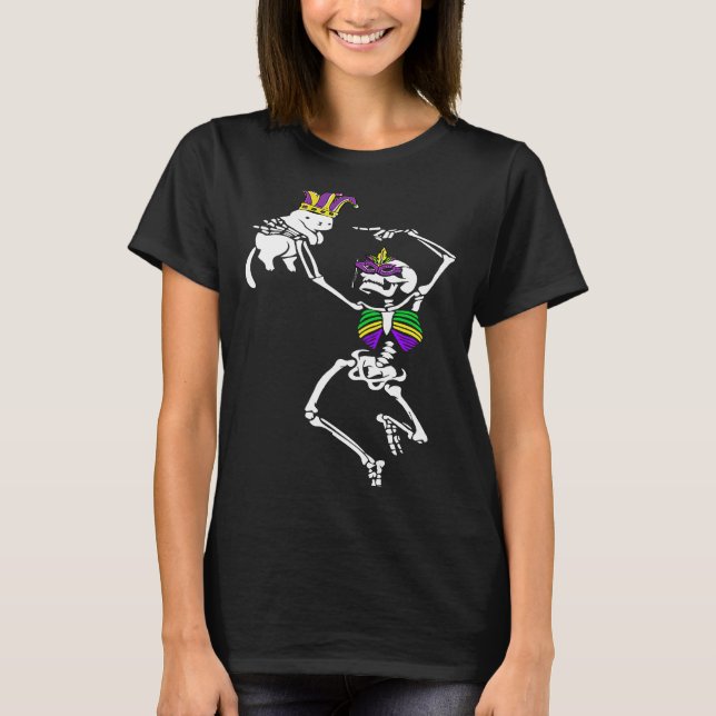 Jester Skeleton Dancing Cat Mardi Gras Mask Carniv T Shirt (Framsida)