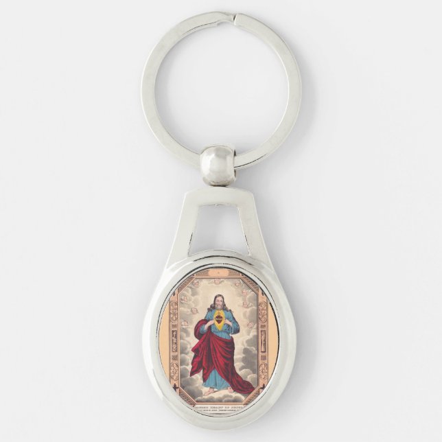 Jesu heliga hjärta ovalt silverfärgad nyckelring (Framsidan)