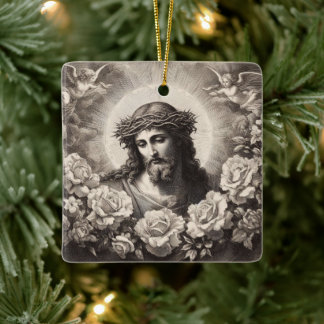 Jesu heliga hjärta porträtt med rosor julgransprydnad keramik