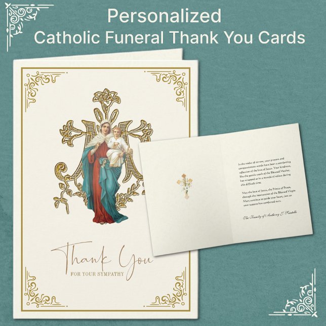 Jesu Maria Katolsk Begravning Kondoleans Tack Kort (Personalized Catholic Funeral Thank you Cards with the Virgin Mary and Jesus)
