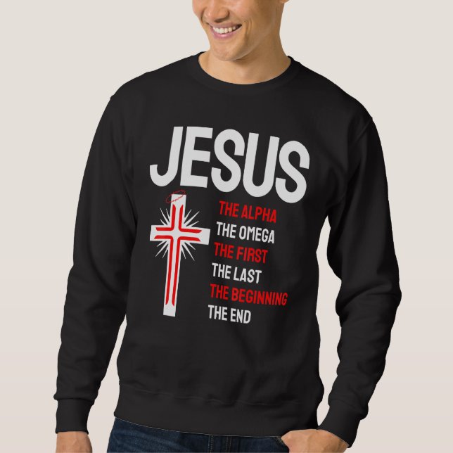 Jesus Alpha Omega First Last Beginning End Christi Lång Ärmad Tröja (Framsida)