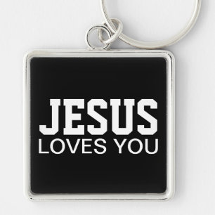 Jesus älskar dig motiverande typografi fyrkantig silverfärgad nyckelring