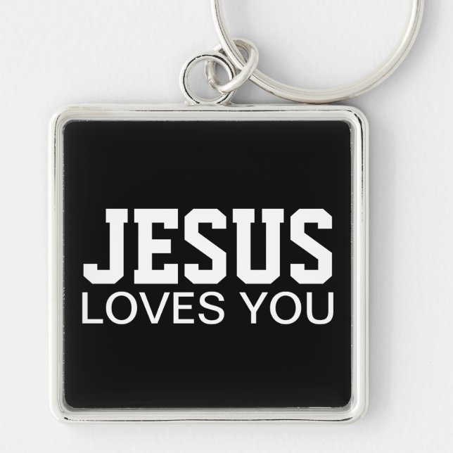 Jesus älskar dig motiverande typografi fyrkantig silverfärgad nyckelring (Framsidan)