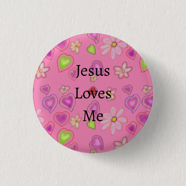Jesus älskar mig Blommiga hjärtan Rosa  Knapp (Framsida)