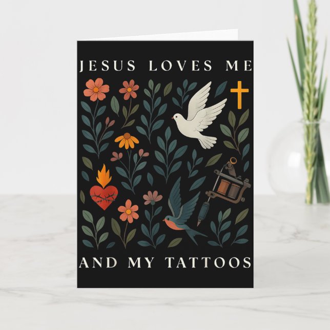 Jesus älskar mig och mina tatueringar  kort (Framsida)