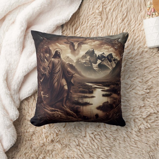 Jesus Amidst Mountain och River in Nature Kudde (Filt)