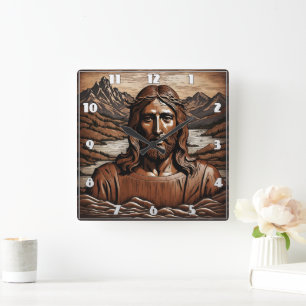 Jesus Amidst Mountain och River Landscape Fyrkantig Klocka