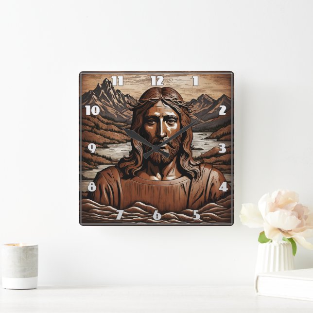 Jesus Amidst Mountain och River Landscape Fyrkantig Klocka (Hem)