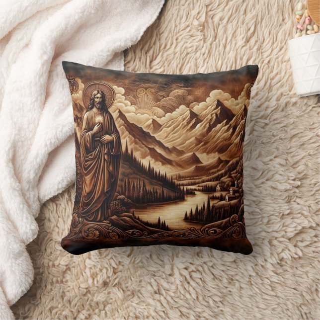 Jesus Amidst Mountain och River Landscape Kudde (Filt)