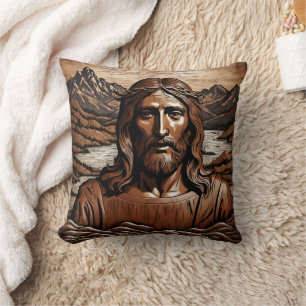 Jesus Amidst Mountain och River Landscape Kudde