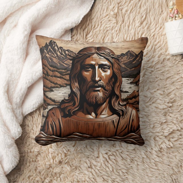 Jesus Amidst Mountain och River Landscape Kudde (Filt)