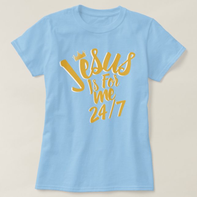 Jesus är för mig 24/7 Guld-blått kristen T Shirt (Design framsida)