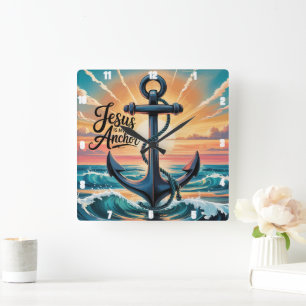 Jesus är min Anchor Vågar Sunset Fyrkantig Klocka