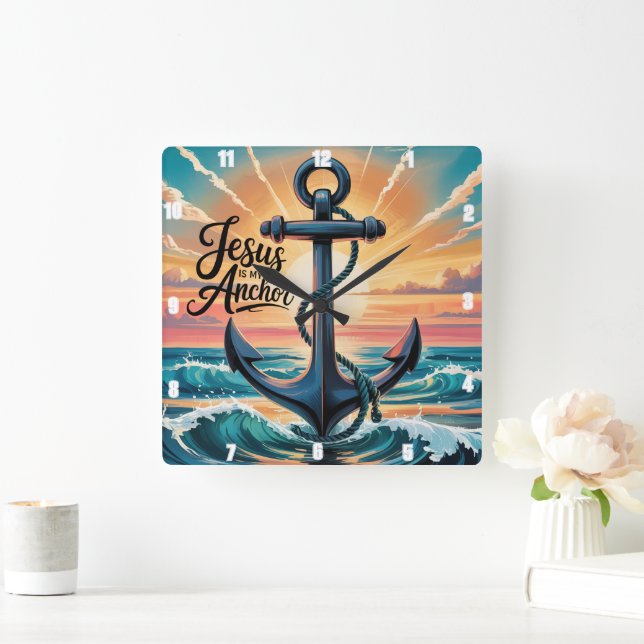 Jesus är min Anchor Vågar Sunset Fyrkantig Klocka (Hem)