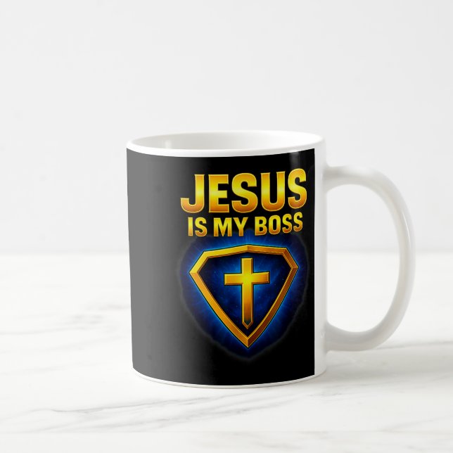Jesus Är Min Boss Kristet Sköld Superhjälte _5  Kaffemugg (Höger)