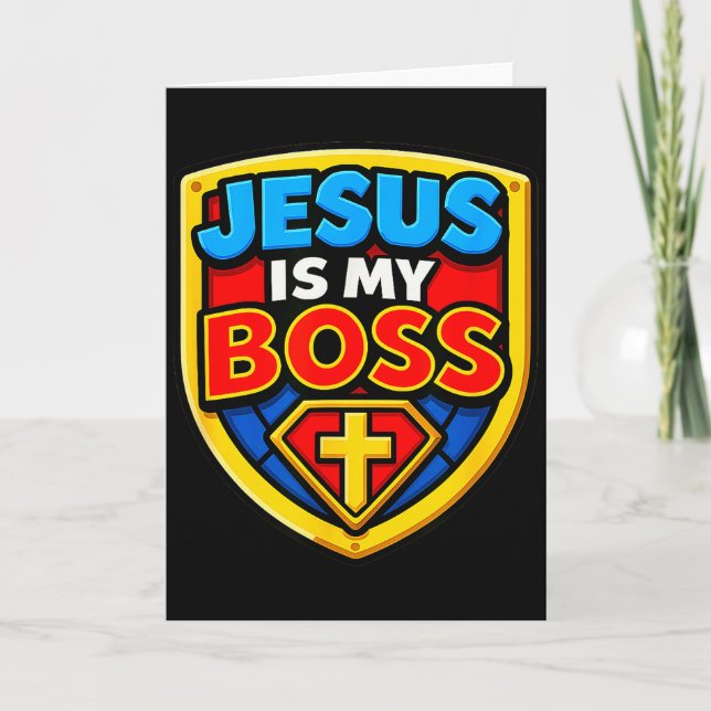 Jesus Är Min Boss Kristet Sköld Superhjälte  Kort (Framsida)