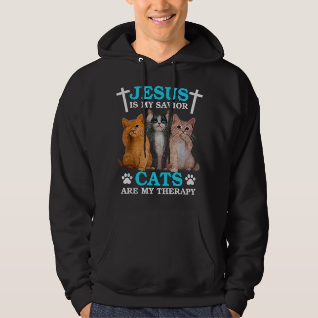 Jesus Är Min Frälsare Katter Är Min Terapi Kristna Hoodie (Framsida)