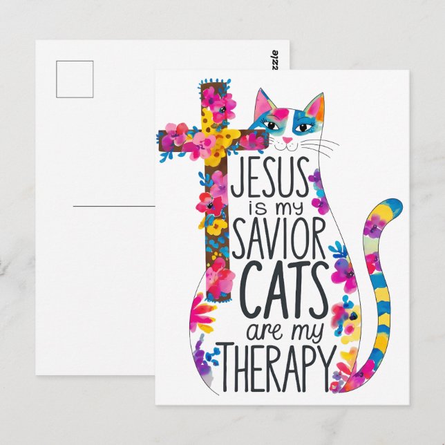Jesus Är Min Frälsare Katter Är Min Terapi Roligt Vykort (Fram/baksida)