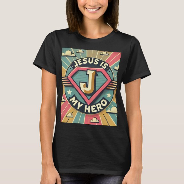 Jesus är min Hero-dams superhjälte-tecknad T Shirt (Framsida)