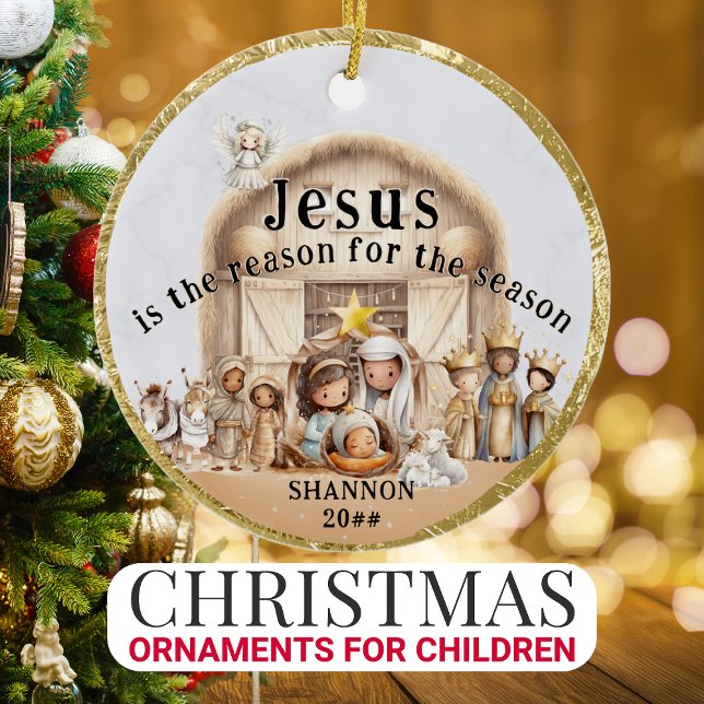 "Jesus är orsak" Förålsterscenen Lägg till Namn år Julgransprydnad Keramik (CHRISTMAS ORNAMENTS FOR CHILDREN - Jesus is the reason for the season - Personalize with name & year)