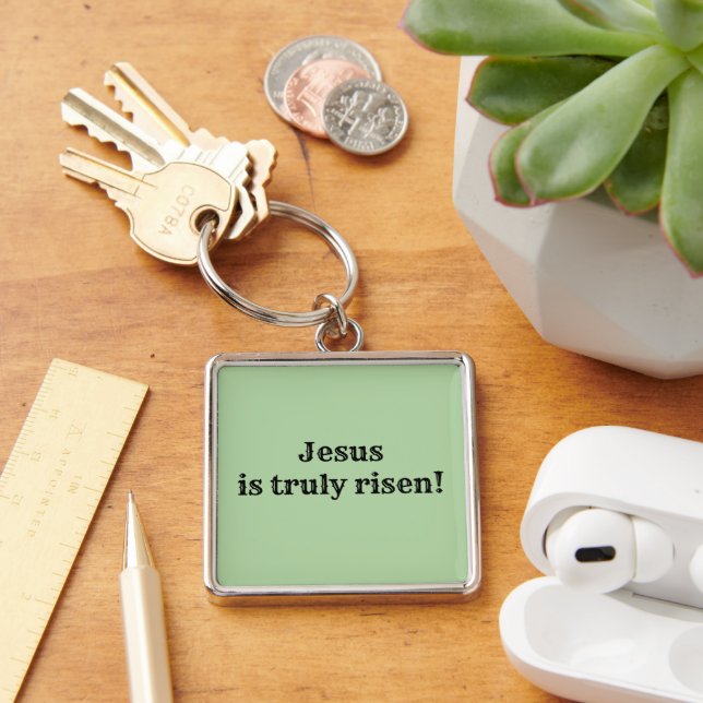 Jesus är verkligen uppstånden! fyrkantig silverfärgad nyckelring (Skrivbord)