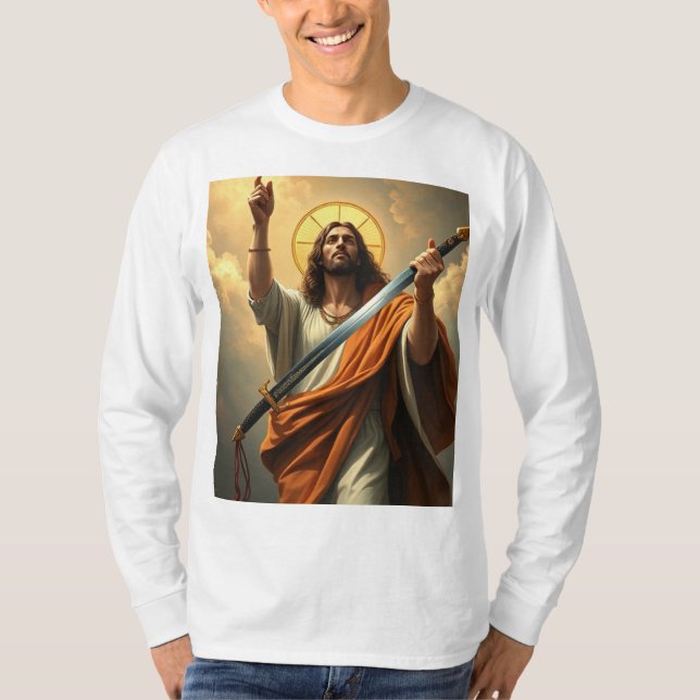 Jesus återvänder med en Sword Manar Långärmad Tee (Framsida)