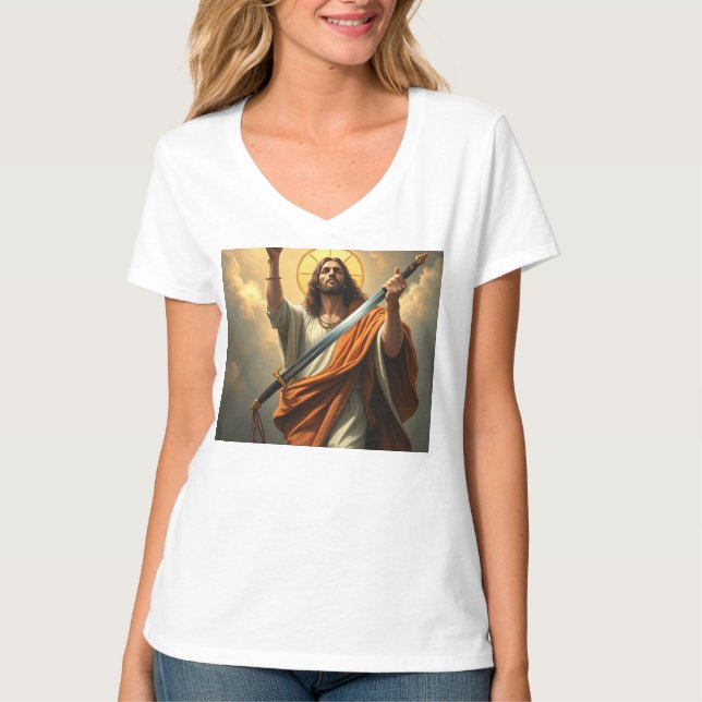 Jesus återvänder med ett Sword Women's V Nacke Tee (Framsida)