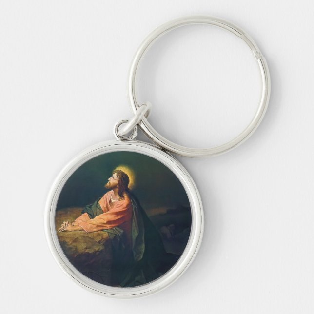 Jesus badar i Getsemane trädgården Rund Silverfärgad Nyckelring (Framsidan)