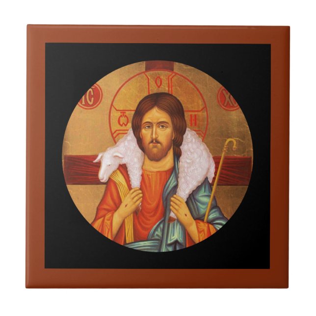Jesus bär Borttappad Lamb på skuldrar Kakelplatta (Framsidan)