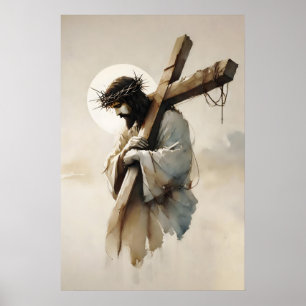 Jesus Bärande Korset Minimalistisk Akvarell Poster