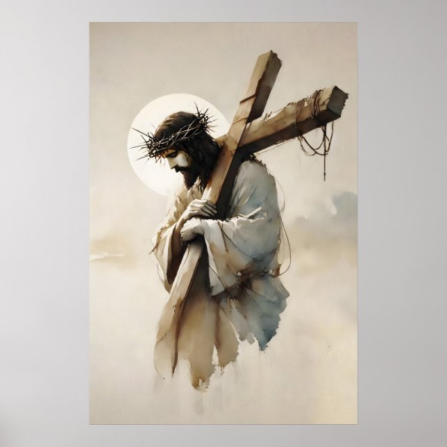 Jesus Bärande Korset Minimalistisk Akvarell Poster (Framsidan)