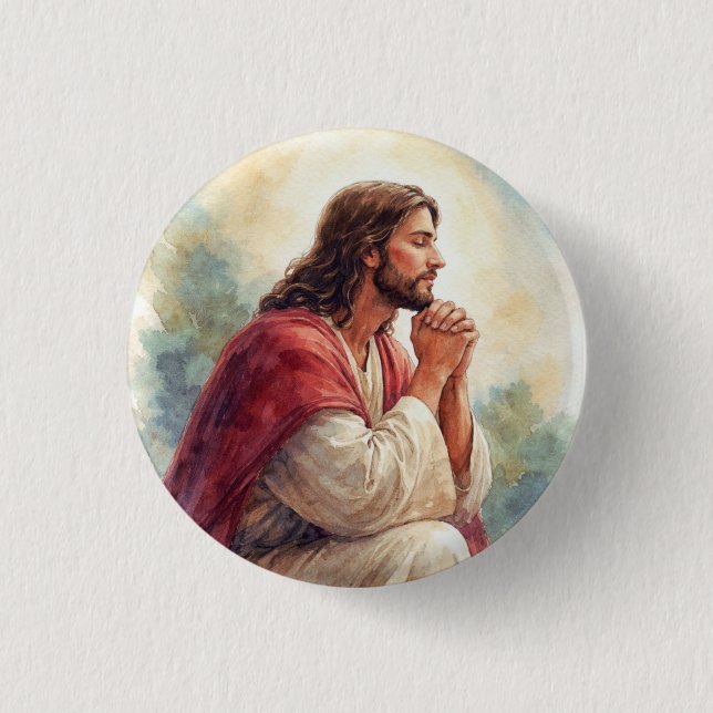 Jesus Bedjande Akvarell Konst | Kristet Livstro Knapp (Framsida)