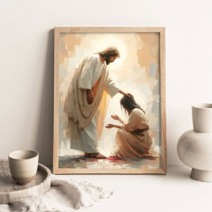 Jesus botar den blödande kvinnan, kristen målning poster