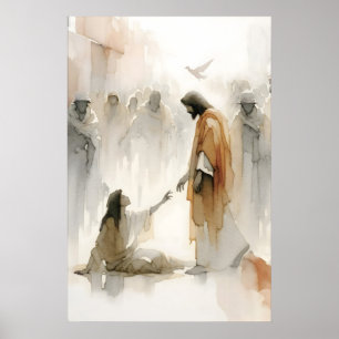 Jesus botar kvinnan Akvarell Bibelns mirakel Poster