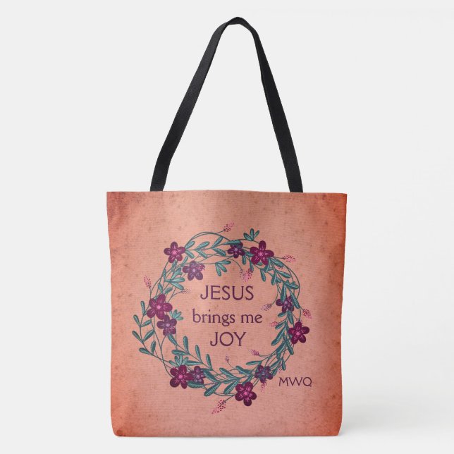 JESUS BRINGS ME JOY Peach Blommigt Monogram Tygkasse (Framsida)